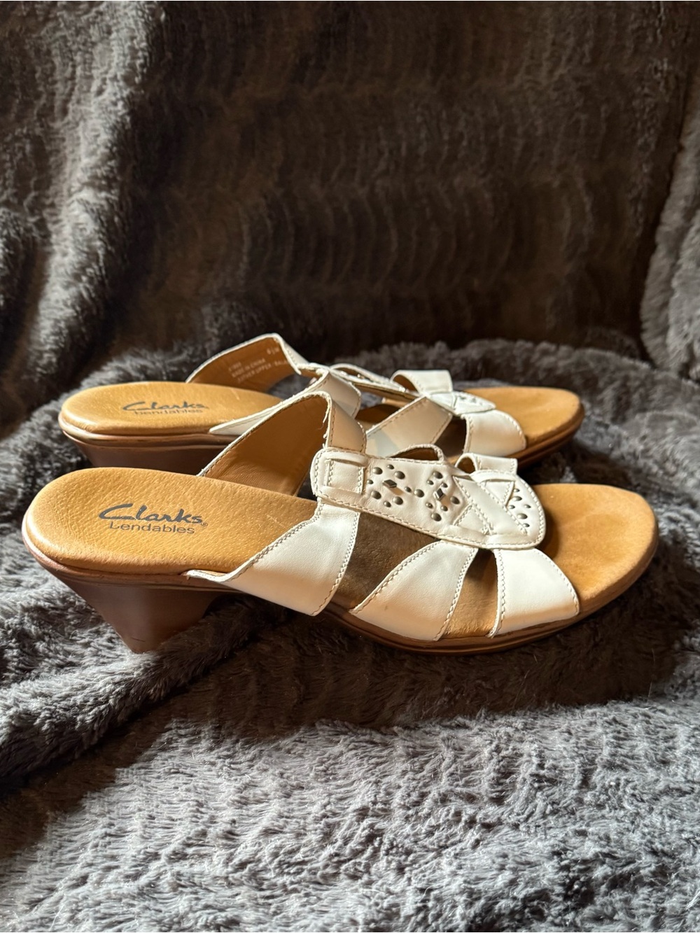 Clarks Cream Leather Slide Sandals with Low Heel